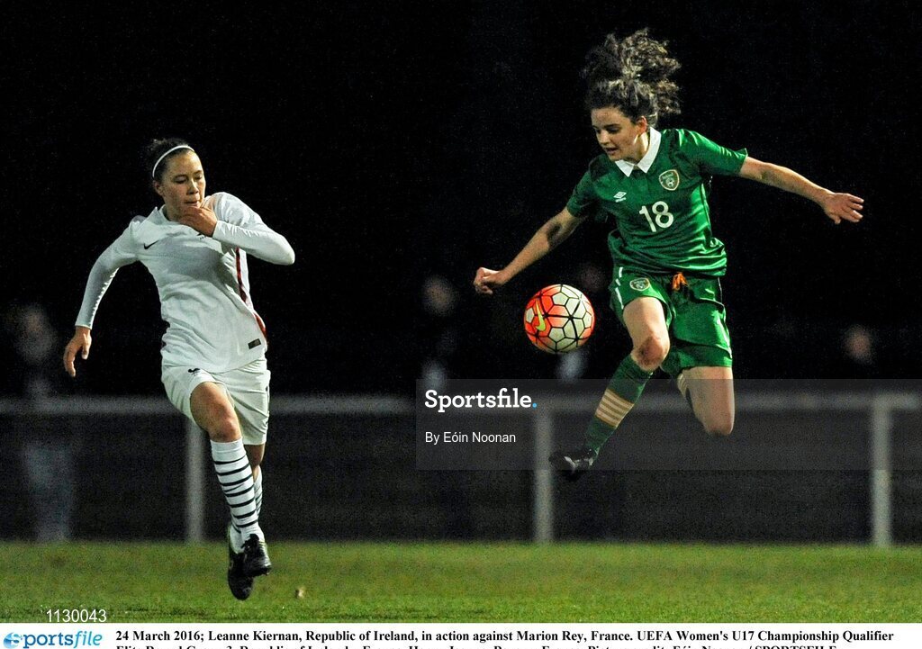 24 March 2016; Leanne Kiernan, Republic of Ireland, in action against Marion Rey, France. UEFA Women's U17 Championship Qualifier Elite Round Group 3, Republic of Ireland v France. Henry Jeanne, Bayeux, France. Picture credit: Eóin Noonan / SPORTSFILE