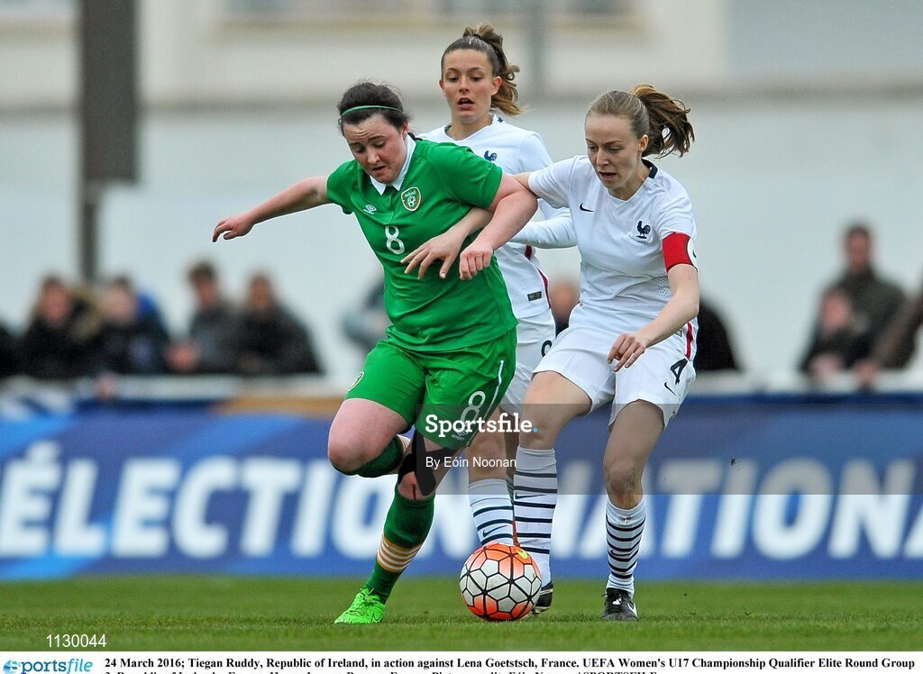 24 March 2016; Tiegan Ruddy, Republic of Ireland, in action against Lena Goetstsch, France. UEFA Women's U17 Championship Qualifier Elite Round Group 3, Republic of Ireland v France. Henry Jeanne, Bayeux, France. Picture credit: Eóin Noonan / SPORTSFILE