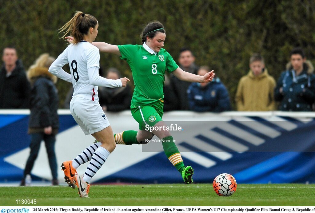 24 March 2016; Tiegan Ruddy, Republic of Ireland, in action against Amandine Gillet, France. UEFA Women's U17 Championship Qualifier Elite Round Group 3, Republic of Ireland v France. Henry Jeanne, Bayeux, France. Picture credit: Eóin Noonan / SPORTSFILE