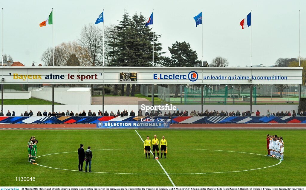 24 March 2016; Players and officials observe a minute silence before the start of the game, as a mark of respect for the tragedies in Belgium. UEFA Women's U17 Championship Qualifier Elite Round Group 3, Republic of Ireland v France. Henry Jeanne, Bayeux, France. Picture credit: Eóin Noonan / SPORTSFILE