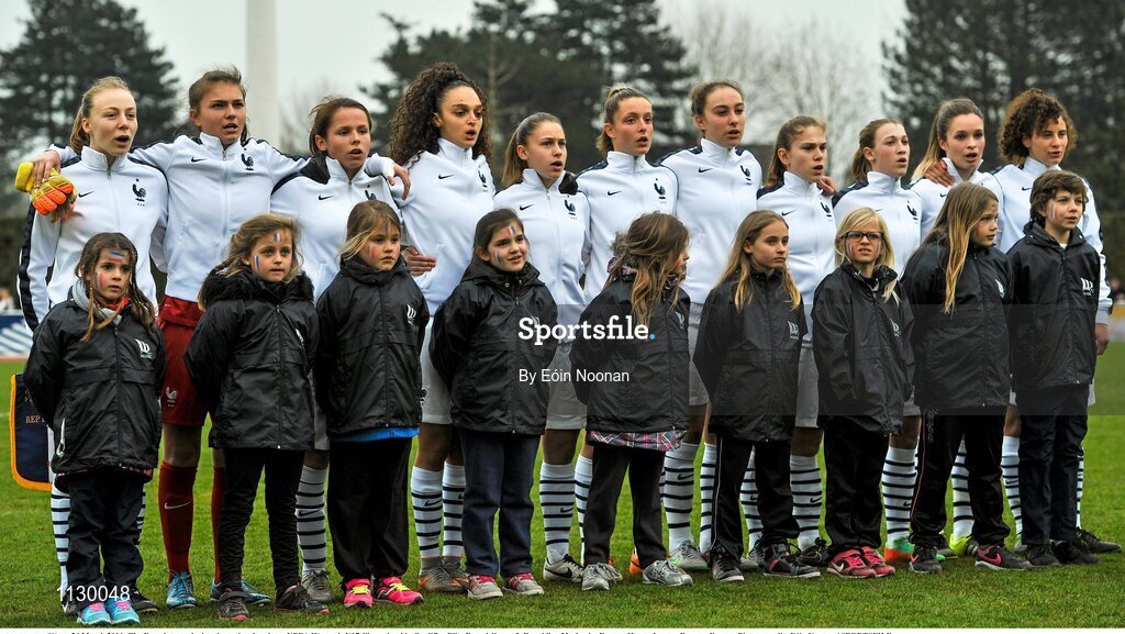 24 March 2016; The French team during the national anthem. UEFA Women's U17 Championship Qualifier Elite Round Group 3, Republic of Ireland v France. Henry Jeanne, Bayeux, France. Picture credit: Eóin Noonan / SPORTSFILE