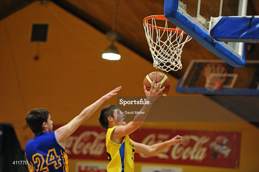 22 March 2010; Matthew Russell, St. Louis Community School, in action against Ryan Thornton, Patrician High School. U16B Boys - All-Ireland Schools League Finals 2010, Patrician High School, Carrickmacross v St. Louis Community School, Kiltimagh, Mayo, National Basketball Arena, Tallaght, Dublin. Picture credit: David Maher / SPORTSFILE