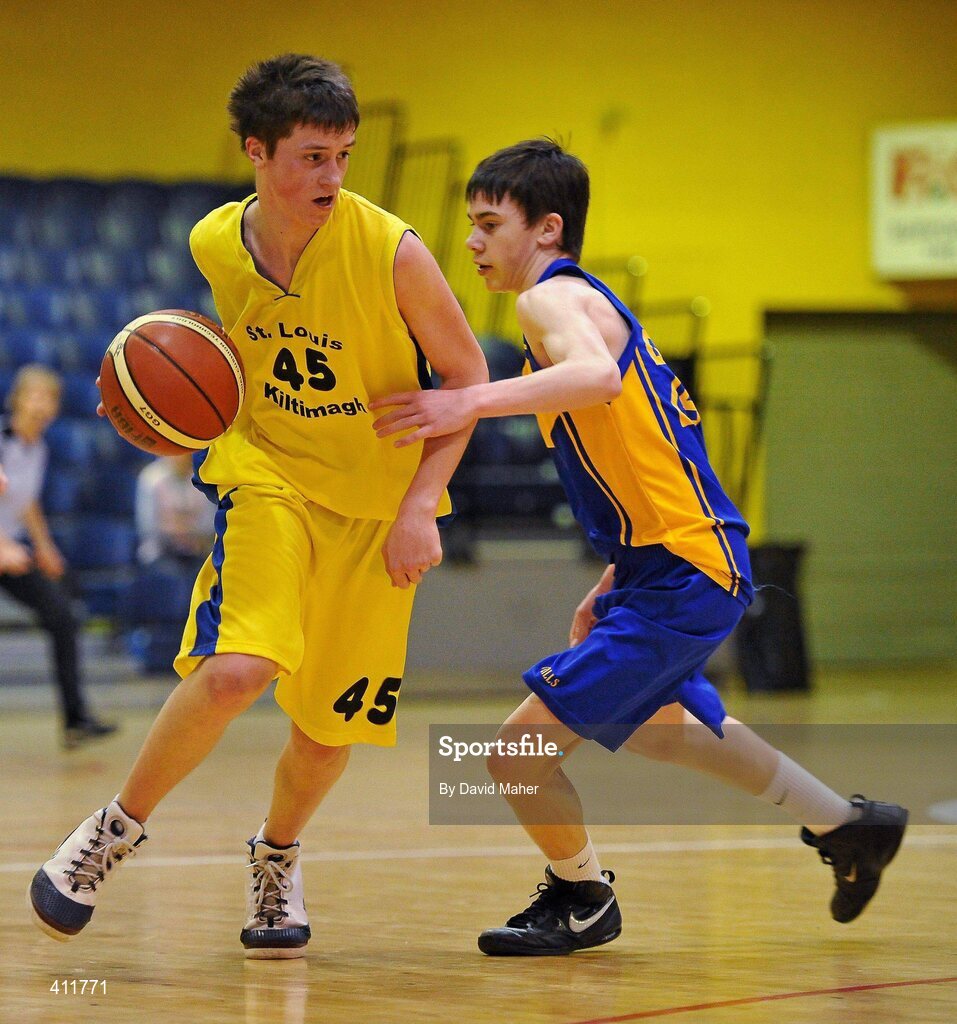 22 March 2010; Matthew Russell, St. Louis Community School, in action against Ryan Thornton, Patrician High School. U16B Boys - All-Ireland Schools League Finals 2010, Patrician High School, Carrickmacross v St. Louis Community School, Kiltimagh, Mayo, National Basketball Arena, Tallaght, Dublin. Picture credit: David Maher / SPORTSFILE