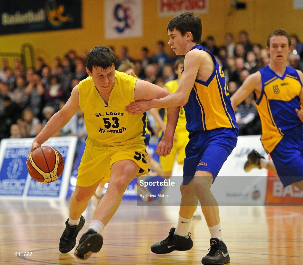 22 March 2010; Gary Regan, St. Louis Community School, in action against Ryan Thornton, Patrician High School. U16B Boys - All-Ireland Schools League Finals 2010, Patrician High School, Carrickmacross v St. Louis Community School, Kiltimagh, Mayo, National Basketball Arena, Tallaght, Dublin. Picture credit: David Maher / SPORTSFILE