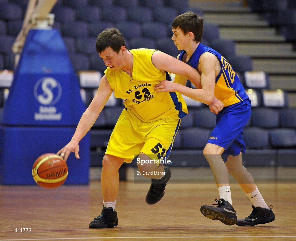 22 March 2010; Gary Regan, St. Louis Community School, in action against Ryan Thornton, Patrician High School. U16B Boys - All-Ireland Schools League Finals 2010, Patrician High School, Carrickmacross v St. Louis Community School, Kiltimagh, Mayo, National Basketball Arena, Tallaght, Dublin. Picture credit: David Maher / SPORTSFILE