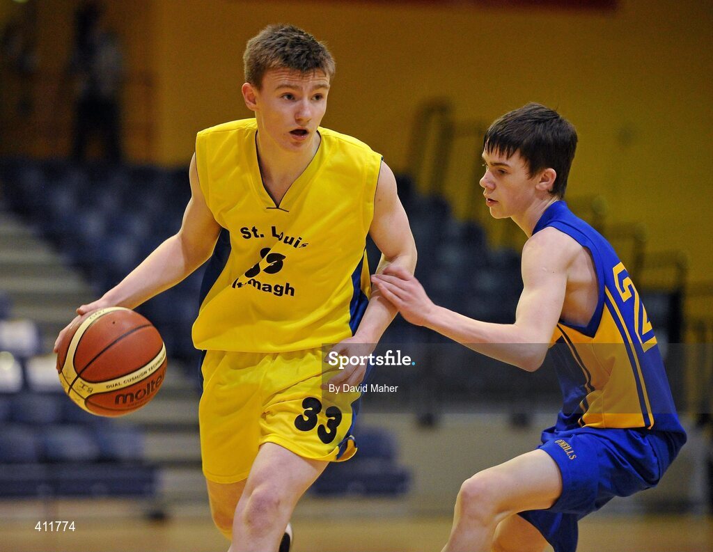 22 March 2010; Sean Moran, St. Louis Community School, in action against Ryan Thornton, Patrician High School. U16B Boys - All-Ireland Schools League Finals 2010, Patrician High School, Carrickmacross v St. Louis Community School, Kiltimagh, Mayo, National Basketball Arena, Tallaght, Dublin. Picture credit: David Maher / SPORTSFILE