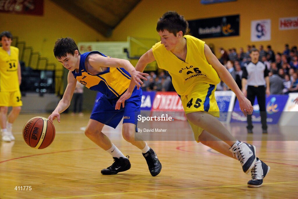 22 March 2010; Ryan Thornton, Patrician High School, in action against Matthew Russell, St. Louis Community School. U16B Boys - All-Ireland Schools League Finals 2010, Patrician High School, Carrickmacross v St. Louis Community School, Kiltimagh, Mayo, National Basketball Arena, Tallaght, Dublin. Picture credit: David Maher / SPORTSFILE