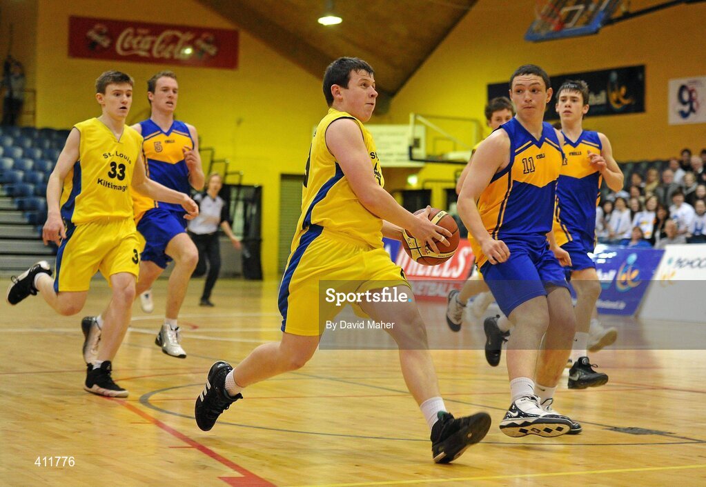 22 March 2010; Gary Regan, St. Louis Community School, in action against Niall Loughman, Patrician High School. U16B Boys - All-Ireland Schools League Finals 2010, Patrician High School, Carrickmacross v St. Louis Community School, Kiltimagh, Mayo, National Basketball Arena, Tallaght, Dublin. Picture credit: David Maher / SPORTSFILE