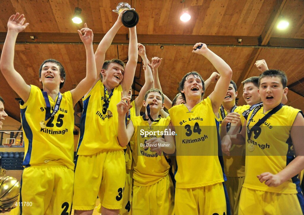 22 March 2010; St. Louis Community School captain Sean Moran, second from left, celebrates with his team-mates at the end of the game after victory over Patrician High School. U16B Boys - All-Ireland Schools League Finals 2010, Patrician High School, Carrickmacross v St. Louis Community School, Kiltimagh, Mayo, National Basketball Arena, Tallaght, Dublin. Picture credit: David Maher / SPORTSFILE