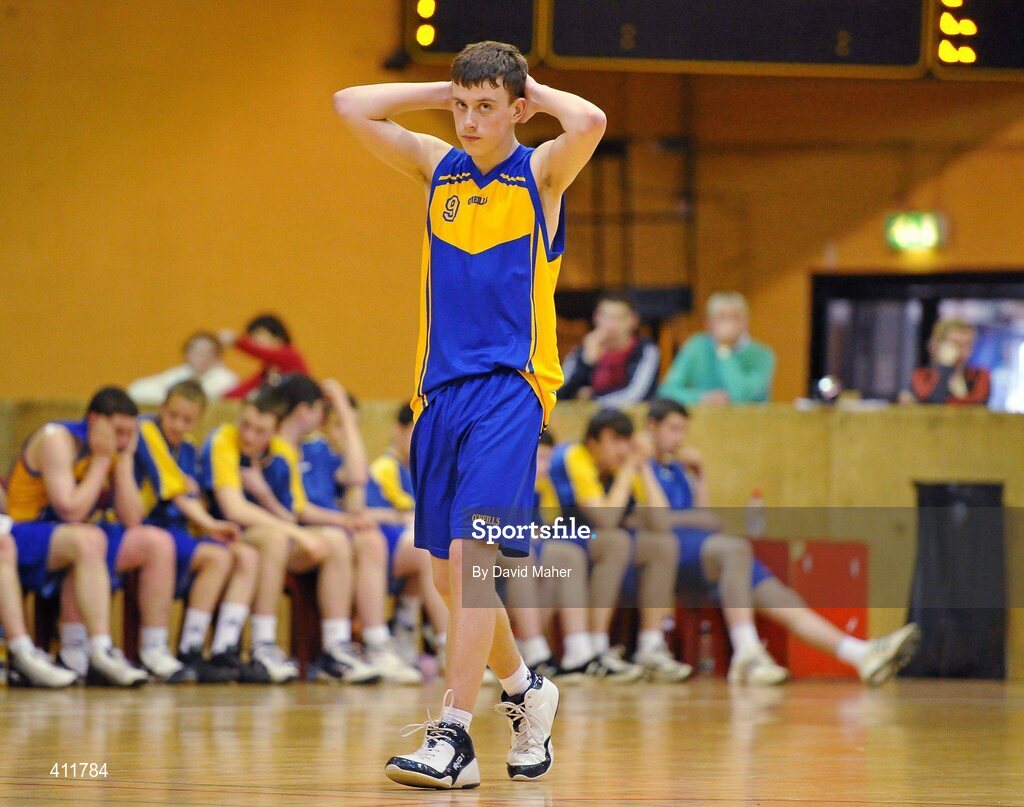 22 March 2010; A dejected Dylan Ogle, Patrician High School, during the closing moments of the game after defeat to St. Louis Community School. U16B Boys - All-Ireland Schools League Finals 2010, Patrician High School, Carrickmacross v St. Louis Community School, Kiltimagh, Mayo, National Basketball Arena, Tallaght, Dublin. Picture credit: David Maher / SPORTSFILE