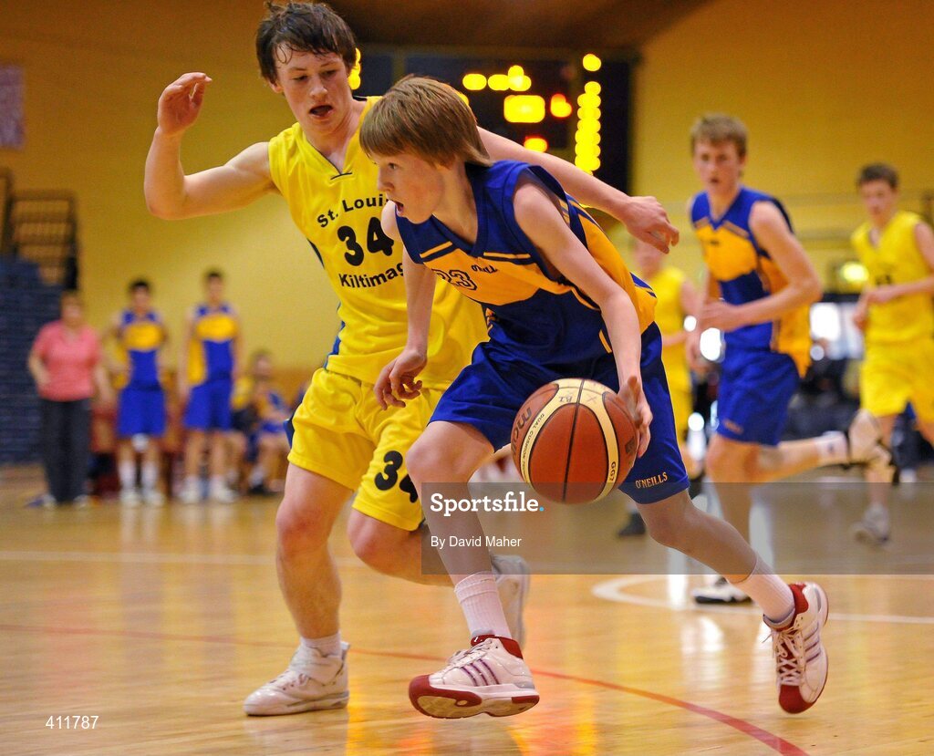 22 March 2010; Kevin O'Hanlon, Patrician High School, in action against Conor Byrne, St. Louis Community School. U16B Boys - All-Ireland Schools League Finals 2010, Patrician High School, Carrickmacross v St. Louis Community School, Kiltimagh, Mayo, National Basketball Arena, Tallaght, Dublin. Picture credit: David Maher / SPORTSFILE
