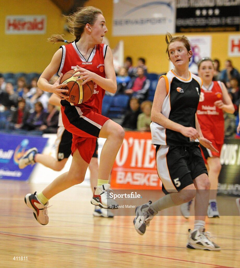 22 March 2010; Karen Ni Chonchuir, Pobailscoil Dingle, in action against Sarah Keehan, Gort Community School. U16B Girls - All-Ireland Schools League Finals 2010, Gort Community School, Galway v Pobailscoil Dingle, Kerry, National Basketball Arena, Tallaght, Dublin. Picture credit: David Maher / SPORTSFILE