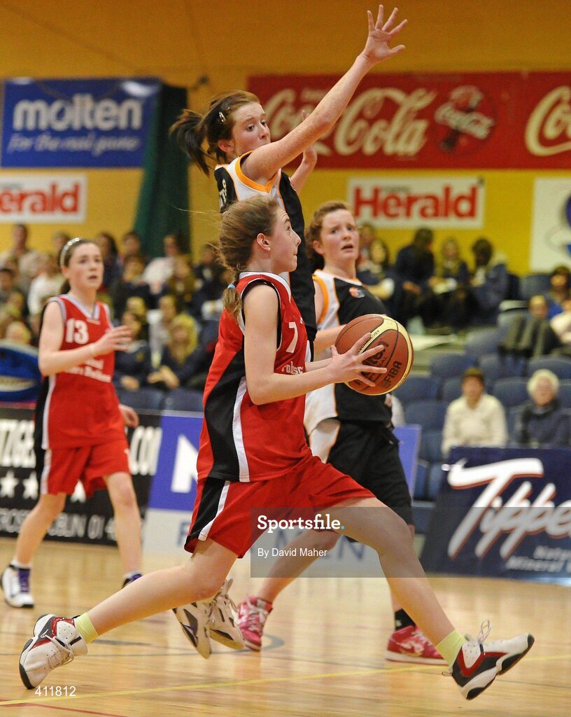 22 March 2010; Karen Ni Chonchuir, Pobailscoil Dingle, in action against Sarah Keehan, Gort Community School. U16B Girls - All-Ireland Schools League Finals 2010, Gort Community School, Galway v Pobailscoil Dingle, Kerry, National Basketball Arena, Tallaght, Dublin. Picture credit: David Maher / SPORTSFILE