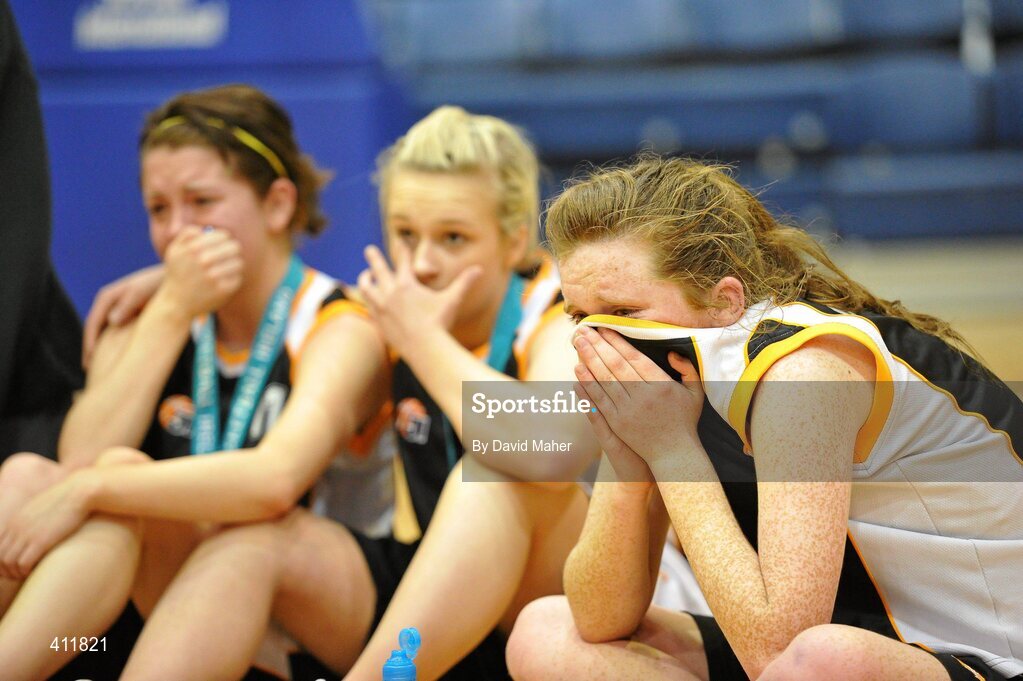 22 March 2010; Dejected Gort Community School players, from left to right, Olivia Keehan, Holly Nightingale and Leona Nolan after the game. U16B Girls - All-Ireland Schools League Finals 2010, Gort Community School, Galway v Pobailscoil Dingle, Kerry. National Basketball Arena, Tallaght, Dublin. Picture credit: David Maher / SPORTSFILE