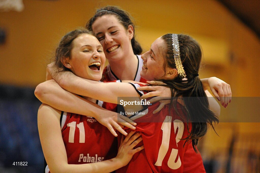 22 March 2010; Pobailscoil Dingle players, from left to right, Aisling Ni Chonchuir, Deirdre Ni Gheibheannaigh and Kate Ni Shuilleabhain celebrate their side's victory. U16B Girls - All-Ireland Schools League Finals 2010, Gort Community School, Galway v Pobailscoil Dingle, Kerry. National Basketball Arena, Tallaght, Dublin. Picture credit: David Maher / SPORTSFILE