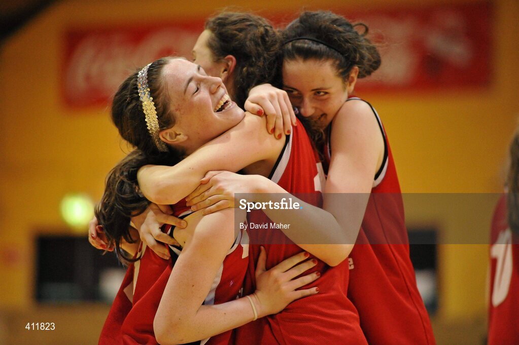 22 March 2010; Pobailscoil Dingle players, from left to right, Aisling Ni Chonchuir, Deirdre Ni Gheibheannaigh and Kate Ni Shuilleabhain celebrate their side's victory. U16B Girls - All-Ireland Schools League Finals 2010, Gort Community School, Galway v Pobailscoil Dingle, Kerry. National Basketball Arena, Tallaght, Dublin. Picture credit: David Maher / SPORTSFILE