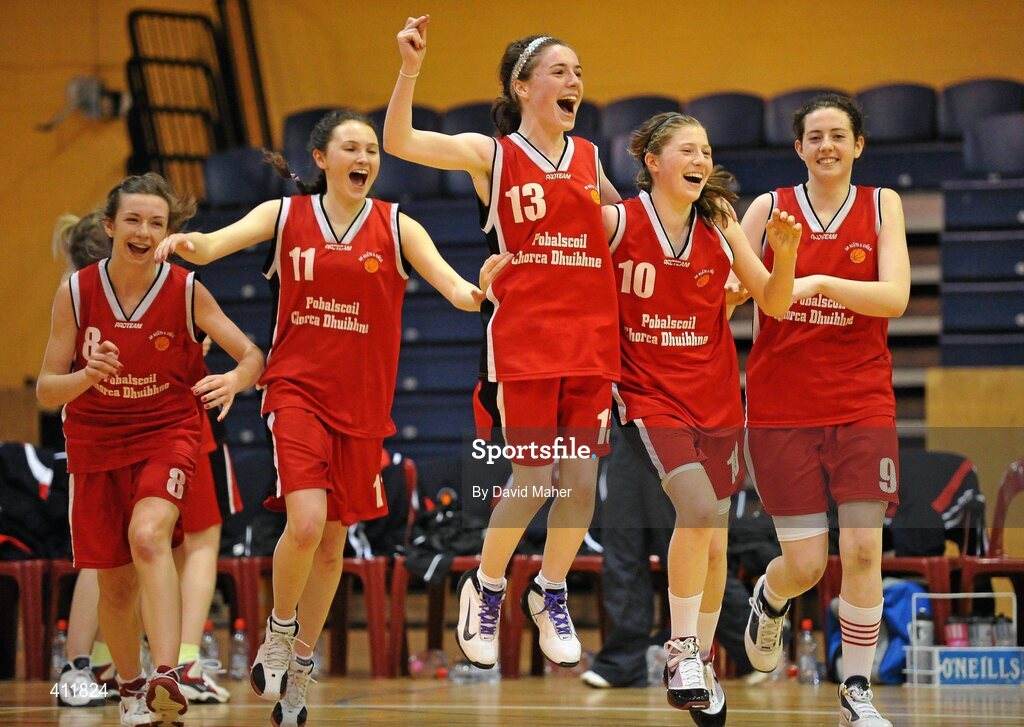 22 March 2010; Pobailscoil Dingle players, from left to right, Niamh De hOra, Aisling Ni Chonchuir, Kate Ni Shuilleabhain, Aoife Ni Gheibheannaigh and Deirdre Ni Gheibheannaigh celebrate their side's victory. U16B Girls - All-Ireland Schools League Finals 2010, Gort Community School, Galway v Pobailscoil Dingle, Kerry. National Basketball Arena, Tallaght, Dublin. Picture credit: David Maher / SPORTSFILE