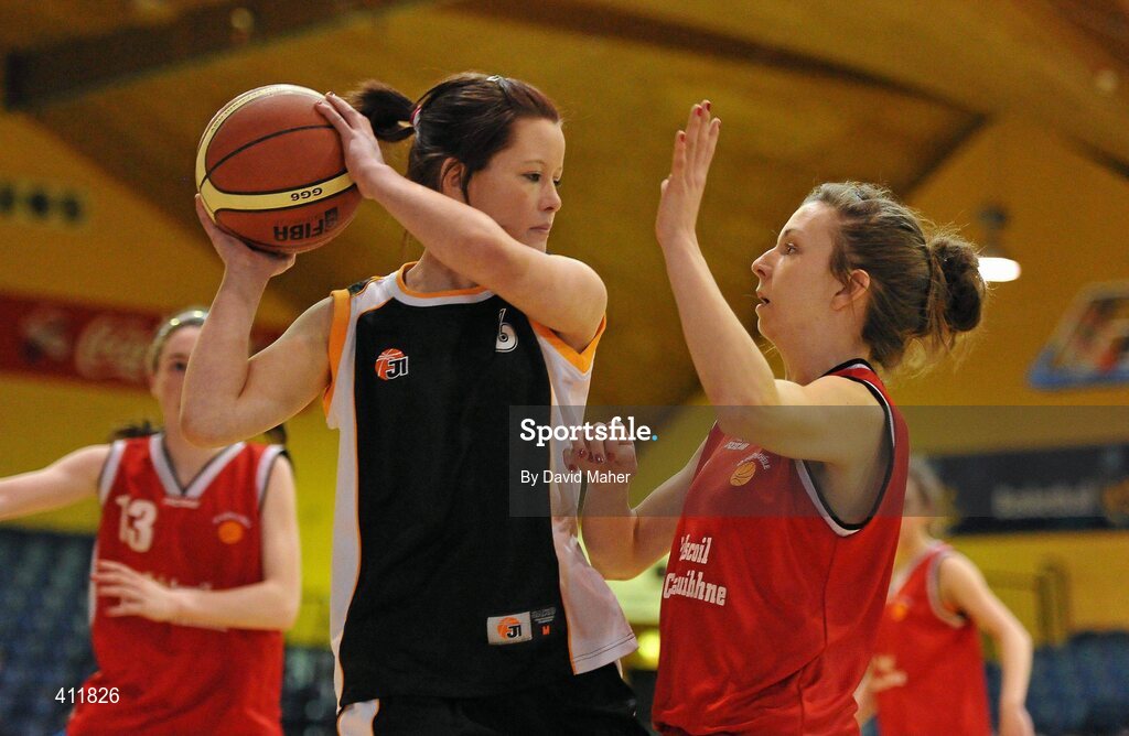 22 March 2010; Lucy Robinson, Gort Community School, in action against Niamh De hOra, Pobailscoil Dingle. U16B Girls - All-Ireland Schools League Finals 2010, Gort Community School, Galway v Pobailscoil Dingle, Kerry. National Basketball Arena, Tallaght, Dublin. Picture credit: David Maher / SPORTSFILE