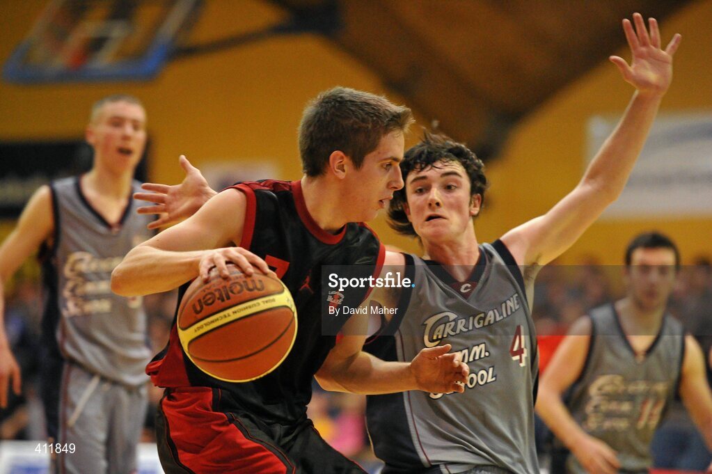22 March 2010; Aodhan Hickey, Saint Eunans College,  in action against David O'Callaghan, Carrigaline Community School. U19B Boys - All-Ireland Schools League Finals 2010, Carrigaline Community School, Cork v Saint Eunans College, Letterkenny, National Basketball Arena, Tallaght, Dublin. Picture credit: David Maher / SPORTSFILE