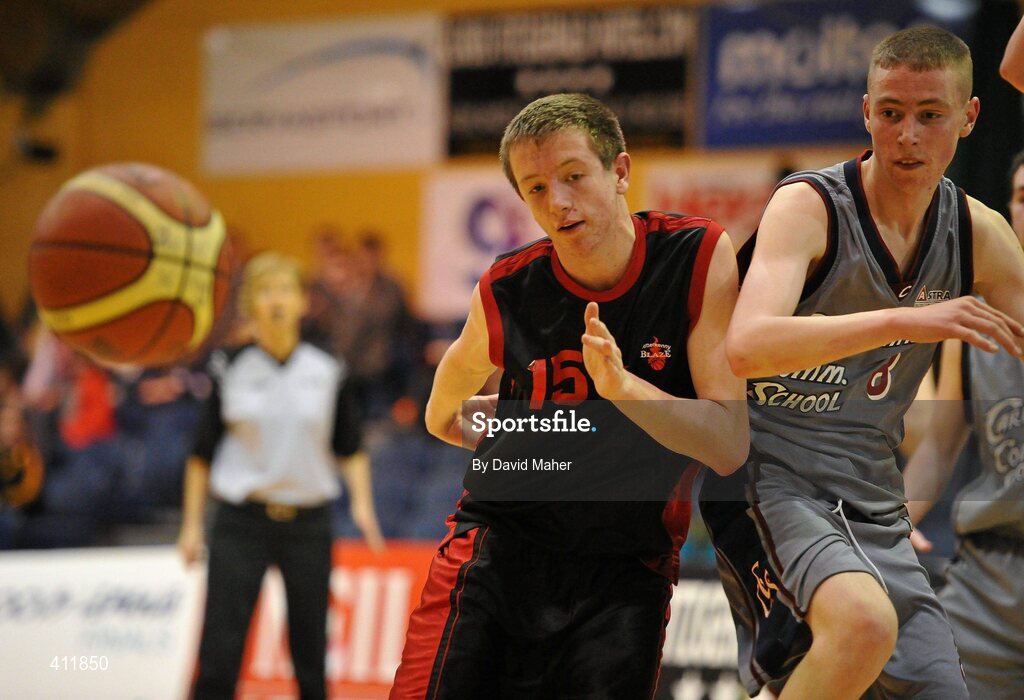 22 March 2010; Seamus Hickey, Saint Eunans College,  in action against Jamie McCarthy, Carrigaline Community School. U19B Boys - All-Ireland Schools League Finals 2010, Carrigaline Community School, Cork v Saint Eunans College, Letterkenny, National Basketball Arena, Tallaght, Dublin. Picture credit: David Maher / SPORTSFILE