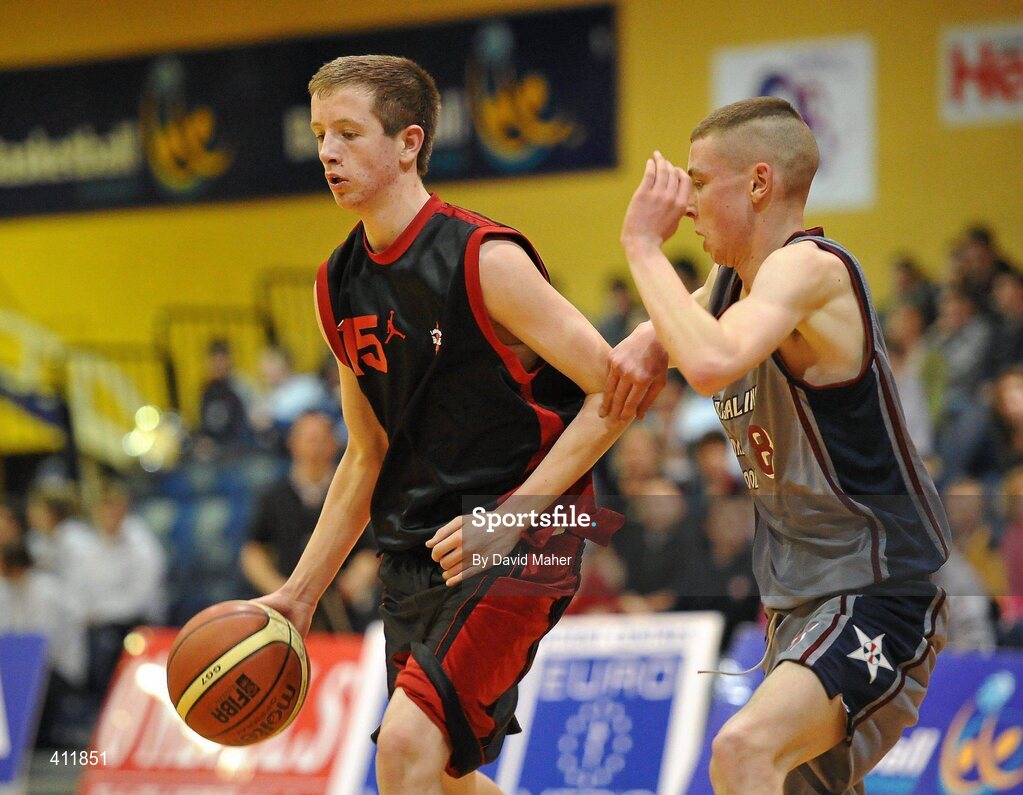 22 March 2010; Seamus Hickey, Saint Eunans College,  in action against Jamie McCarthy, Carrigaline Community School. U19B Boys - All-Ireland Schools League Finals 2010, Carrigaline Community School, Cork v Saint Eunans College, Letterkenny, National Basketball Arena, Tallaght, Dublin. Picture credit: David Maher / SPORTSFILE