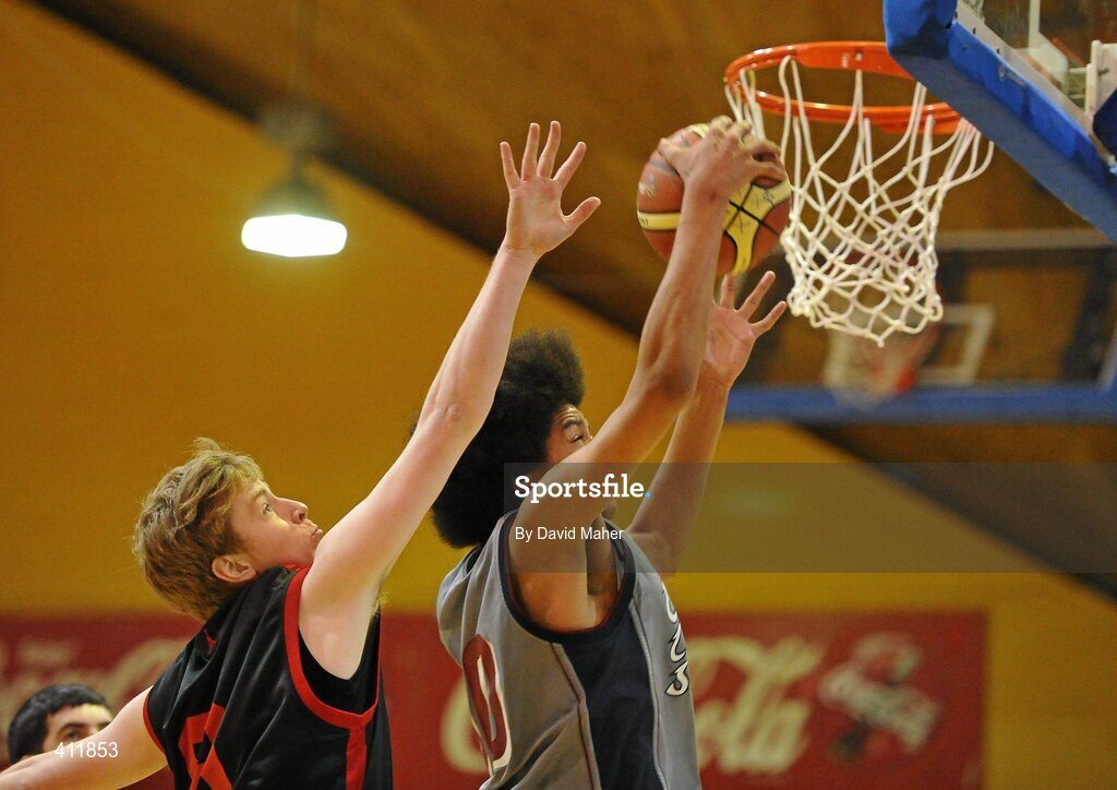 22 March 2010; Jermaine Kumara, Carrigaline Community School, in action against Brendan McGlynn, Saint Eunans College. U19B Boys - All-Ireland Schools League Finals 2010, Carrigaline Community School, Cork v Saint Eunans College, Letterkenny, National Basketball Arena, Tallaght, Dublin. Picture credit: David Maher / SPORTSFILE