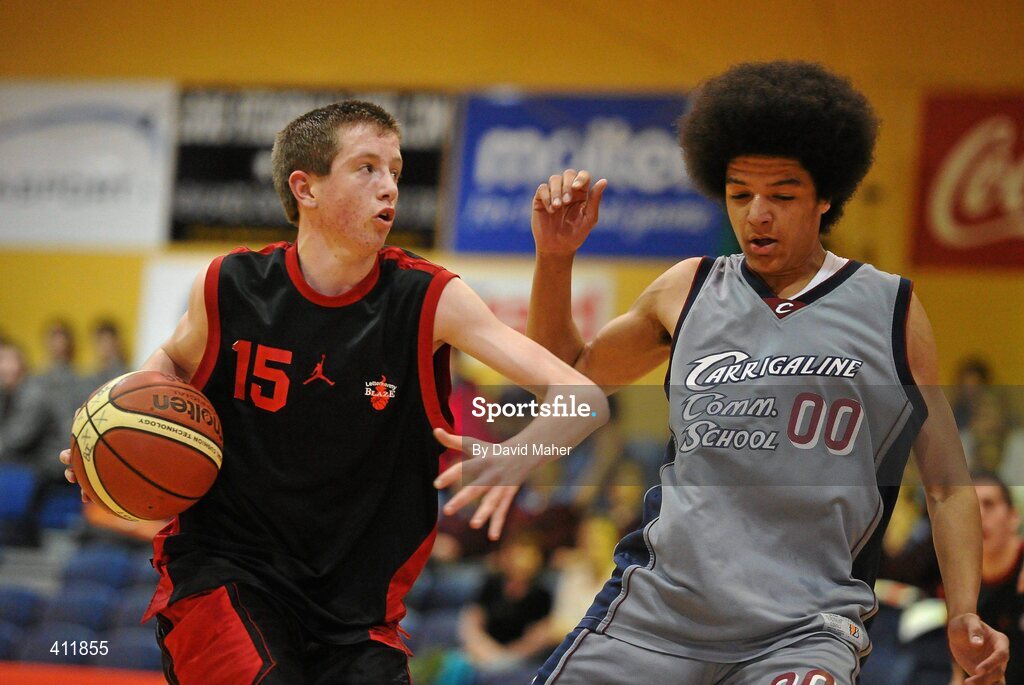 22 March 2010; Seamus Hickey, Saint Eunans College,  in action against Jermaine Kumara, Carrigaline Community School. U19B Boys - All-Ireland Schools League Finals 2010, Carrigaline Community School, Cork v Saint Eunans College, Letterkenny, National Basketball Arena, Tallaght, Dublin. Picture credit: David Maher / SPORTSFILE