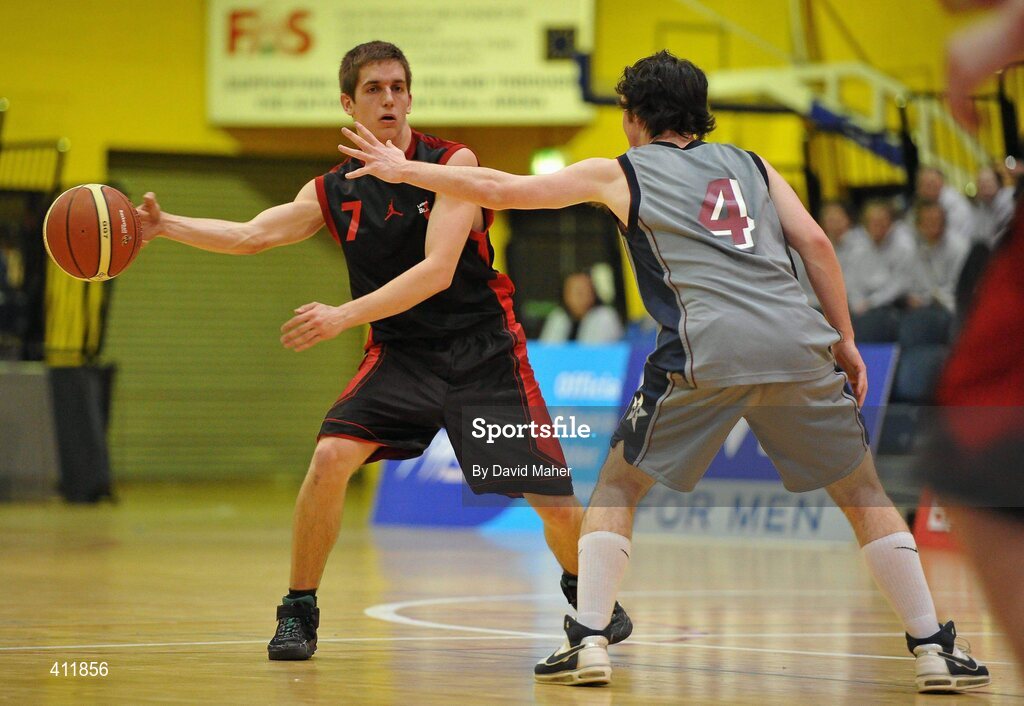 22 March 2010; Aodhan Hickey, Saint Eunans College,  in action against David O'Callaghan, Carrigaline Community School. U19B Boys - All-Ireland Schools League Finals 2010, Carrigaline Community School, Cork v Saint Eunans College, Letterkenny, National Basketball Arena, Tallaght, Dublin. Picture credit: David Maher / SPORTSFILE ***