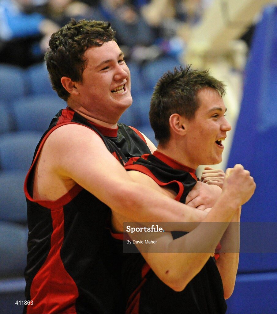 22 March 2010; Saint Eunans College players Michael Foy, left, and team-mate John Ireland celebrate their side's victoryl. U19B Boys - All-Ireland Schools League Finals 2010, Carrigaline Community School, Cork v Saint Eunans College, Letterkenny, National Basketball Arena, Tallaght, Dublin. Picture credit: David Maher / SPORTSFILE