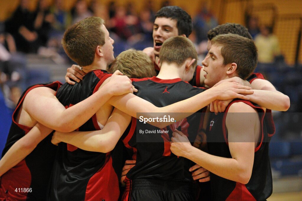 22 March 2010; Saint Eunans College players celebrate at the end of the game. U19B Boys - All-Ireland Schools League Finals 2010, Carrigaline Community School, Cork v Saint Eunans College, Letterkenny, National Basketball Arena, Tallaght, Dublin. Picture credit: David Maher / SPORTSFILE
