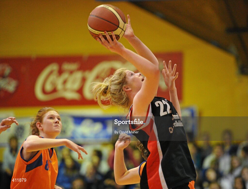 22 March 2010; Ciara Ni Mhurchadha, Pobailscoil Dingle, in action against Sinead O'Connor, Presentation Secondary School. U19B Girls - All-Ireland Schools League Finals 2010, Presentation Secondary School, Tralee v Pobailscoil Dingle, Kerry, National Basketball Arena, Tallaght, Dublin. Picture credit: David Maher / SPORTSFILE