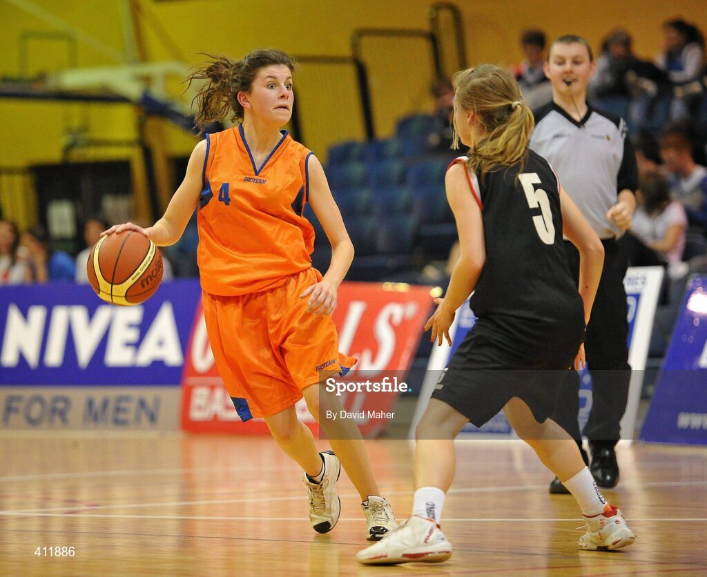 22 March 2010; Regina Rath, Presentation Secondary School, in action against Emma Prindibhil, Pobailscoil Dingle. U19B Girls - All-Ireland Schools League Finals 2010, Presentation Secondary School, Tralee v Pobailscoil Dingle, Kerry, National Basketball Arena, Tallaght, Dublin. Picture credit: David Maher / SPORTSFILE