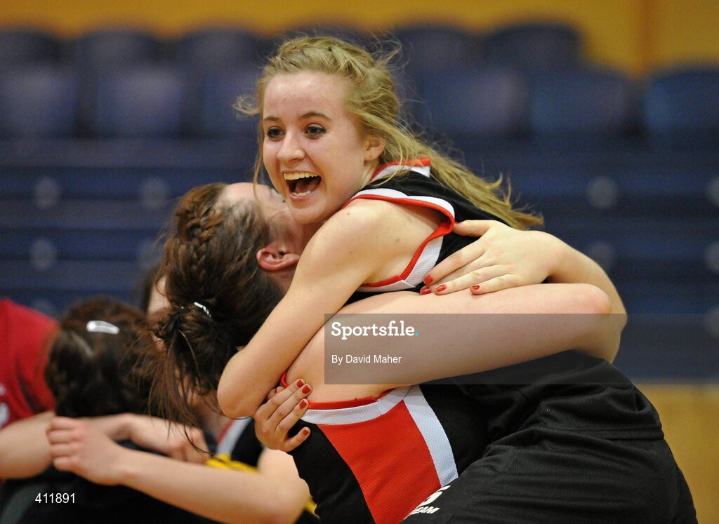 22 March 2010; Emma Prindibhil, right, Pobailscoil Dingle, celebrates with her team-mate Fiona Ni Mhurchu, at the end of the game after victory over Presentation Secondary School. U19B Girls - All-Ireland Schools League Finals 2010, Presentation Secondary School, Tralee v Pobailscoil Dingle, Kerry, National Basketball Arena, Tallaght, Dublin. Picture credit: David Maher / SPORTSFILE