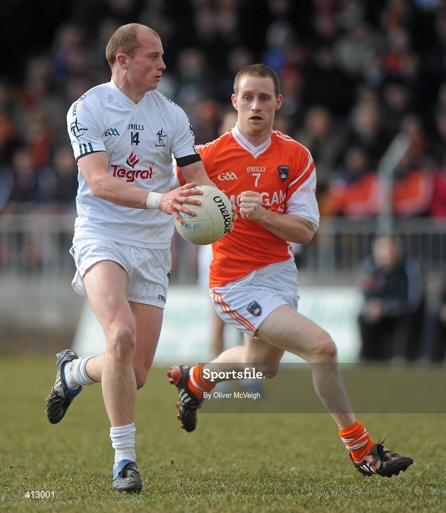14 March 2010; James Kavanagh, Kildare, in action against Finnian Moriarty, Armagh. Allianz GAA Football National League, Division 2, Round 4, Armagh v Kildare, St Oliver Plunkett Park, Crossmaglen, Co. Armagh. Picture credit: Oliver McVeigh / SPORTSFILE