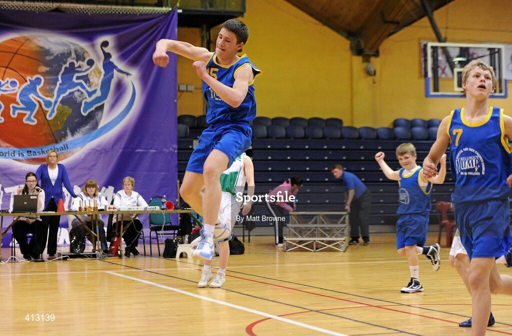 25 March 2010; Tomas Mitkus, Colaiste Einde, celebrates at the final whistle. U16C Boys - All-Ireland Schools League Finals 2010, Tallaght Community School, Dublin v Colaiste Einde, Galway, National Basketball Arena, Tallaght, Dublin. Picture credit: Matt Browne / SPORTSFILE