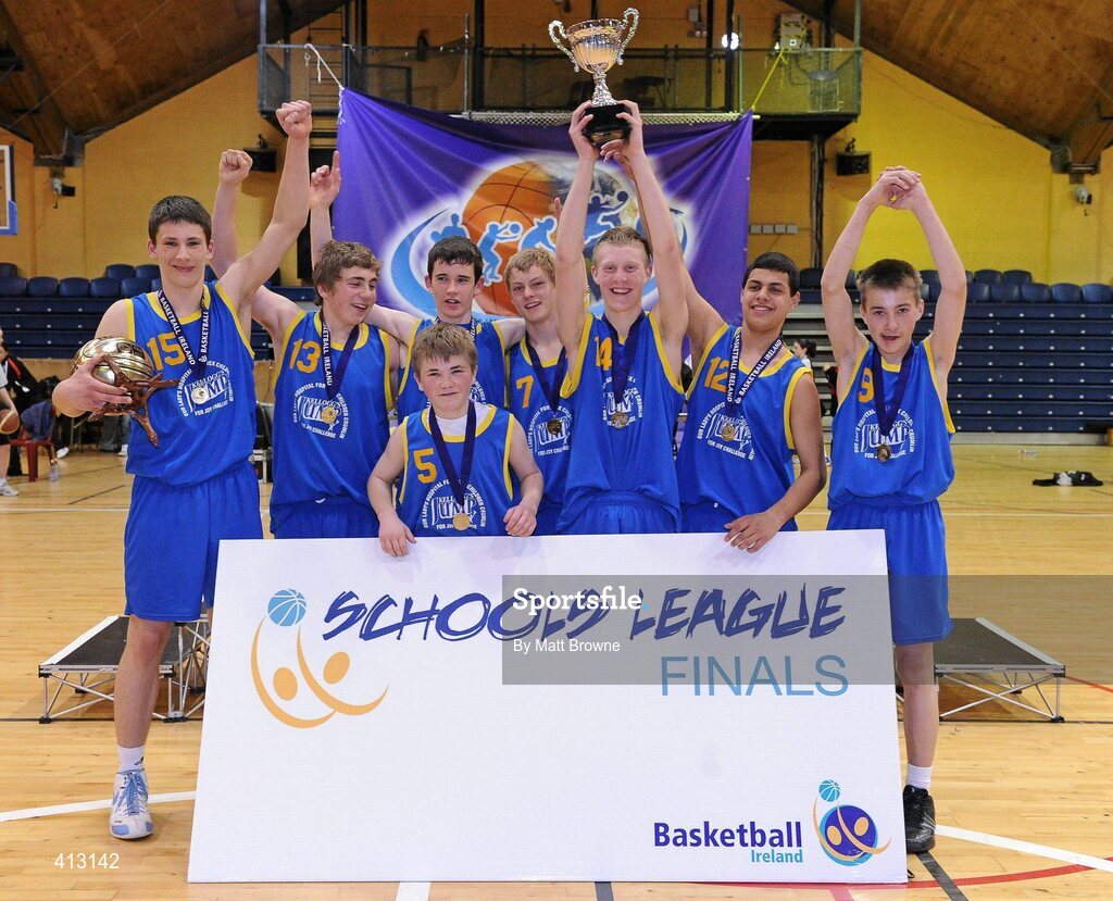 25 March 2010; The Colaiste Einde team celebrate with the cup. U16C Boys - All-Ireland Schools League Finals 2010, Tallaght Community School, Dublin v Colaiste Einde, Galway, National Basketball Arena, Tallaght, Dublin. Picture credit: Matt Browne / SPORTSFILE