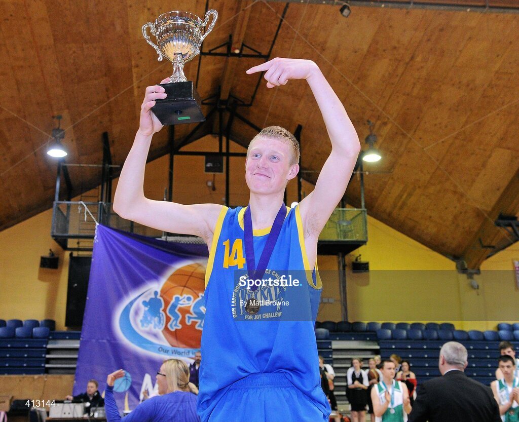 25 March 2010; Colaiste Einde captain Toms Fabriciuss lifts the cup. U16C Boys - All-Ireland Schools League Finals 2010, Tallaght Community School, Dublin v Colaiste Einde, Galway, National Basketball Arena, Tallaght, Dublin. Picture credit: Matt Browne / SPORTSFILE
