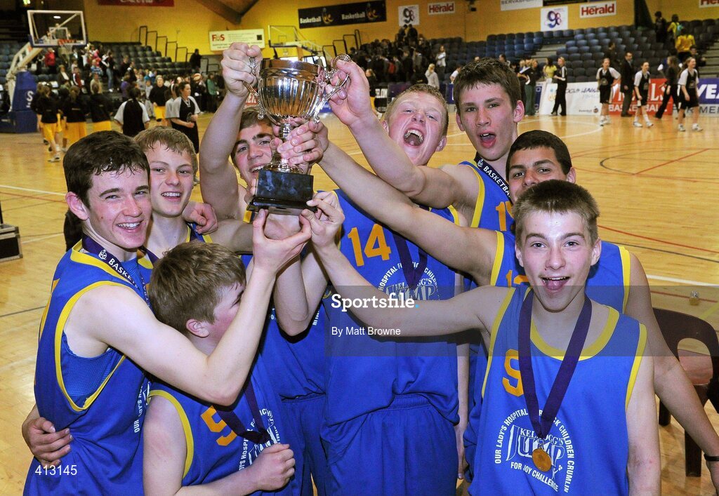 25 March 2010; Colaiste Einde players celebrate with the cup. U16C Boys - All-Ireland Schools League Finals 2010, Tallaght Community School, Dublin v Colaiste Einde, Galway, National Basketball Arena, Tallaght, Dublin. Picture credit: Matt Browne / SPORTSFILE