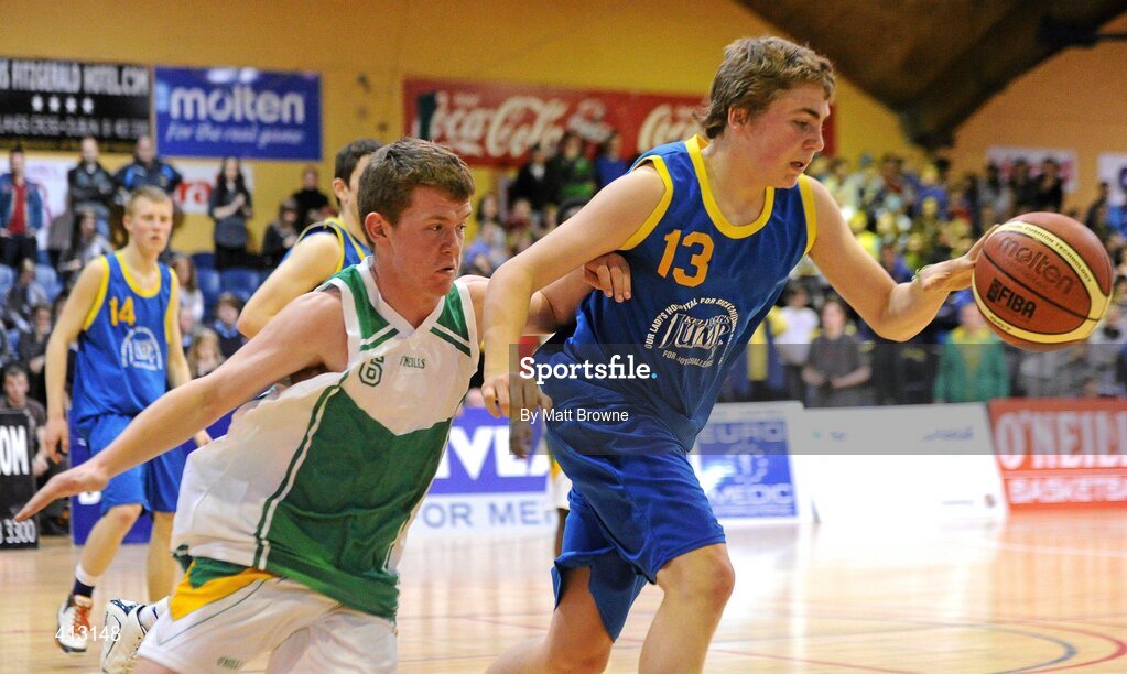 25 March 2010; Emil Hernon, Colaiste Einde, in action against Conor Stewart, Tallaght Community School. U16C Boys - All-Ireland Schools League Finals 2010, Tallaght Community School, Dublin v Colaiste Einde, Galway, National Basketball Arena, Tallaght, Dublin. Picture credit: Matt Browne / SPORTSFILE