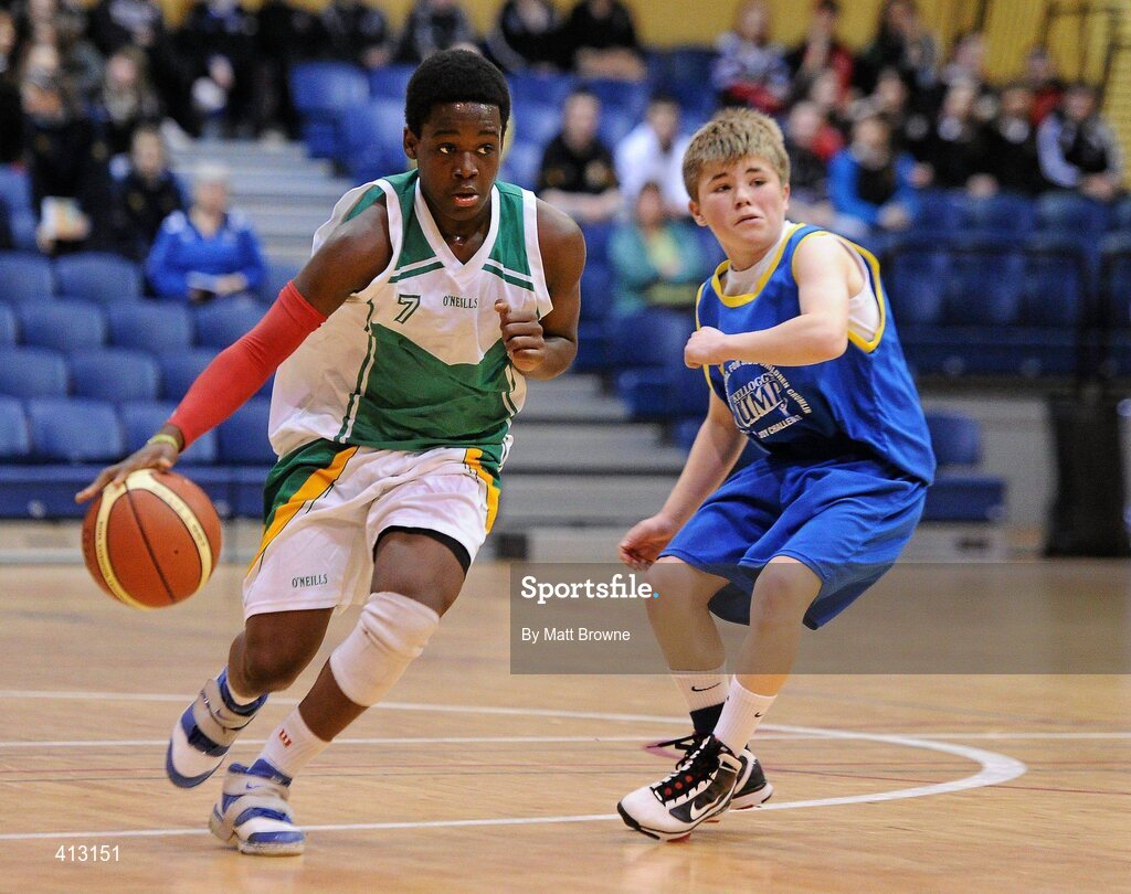 25 March 2010; Djibola Busari, Tallaght Community School, in action against Killian Malarkey, Colaiste Einde. U16C Boys - All-Ireland Schools League Finals 2010, Tallaght Community School, Dublin v Colaiste Einde, Galway, National Basketball Arena, Tallaght, Dublin. Picture credit: Matt Browne / SPORTSFILE
