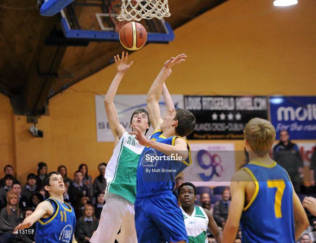 25 March 2010; Gavin Murray, Tallaght Community School, in action against Tomas Mitkus, Colaiste Einde. U16C Boys - All-Ireland Schools League Finals 2010, Tallaght Community School, Dublin v Colaiste Einde, Galway, National Basketball Arena, Tallaght, Dublin. Picture credit: Matt Browne / SPORTSFILE