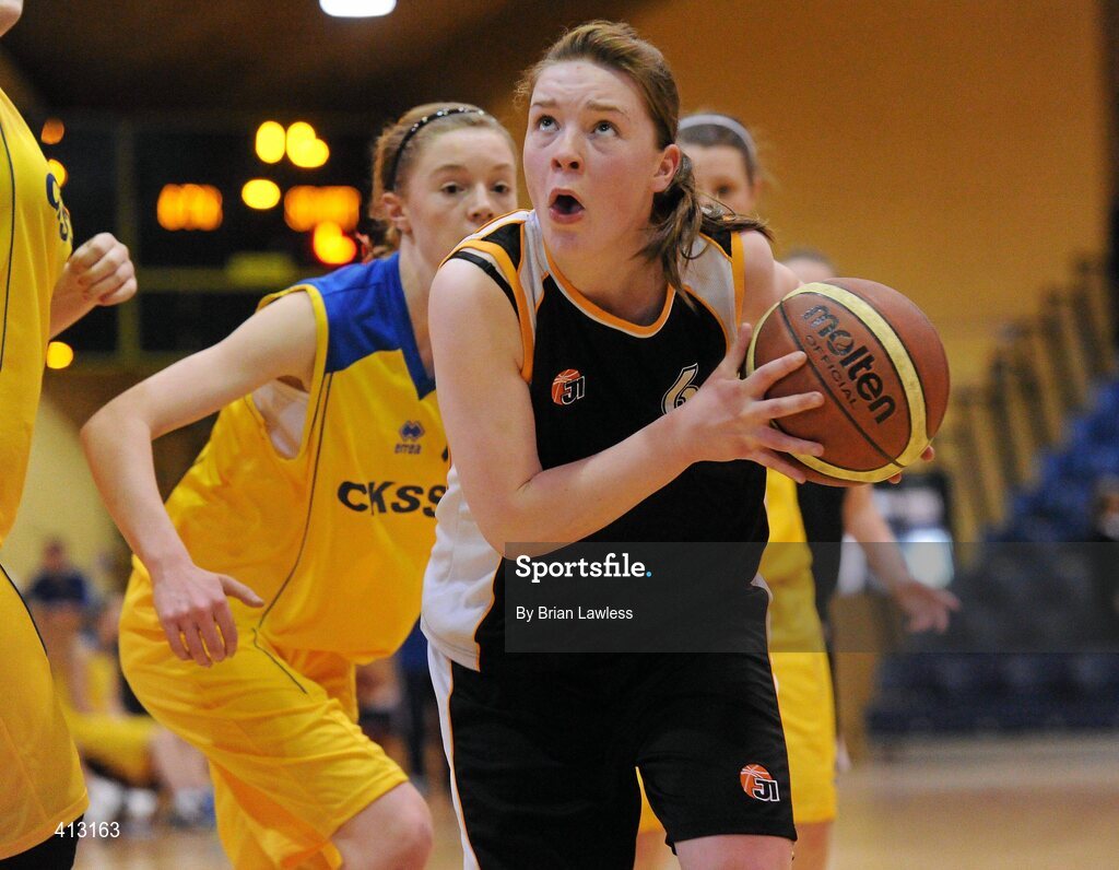 25 March 2010; Bernie Connolly, St. Attractas Community School, in action against Laura Wise, Christ King Secondary School. U16C Girls - All-Ireland Schools League Finals 2010, Christ King Secondary School, Cork v St. Attractas Community School, Tubbercurry, Co. Sligo, National Basketball Arena, Tallaght, Dublin. Picture credit: Brian Lawless / SPORTSFILE