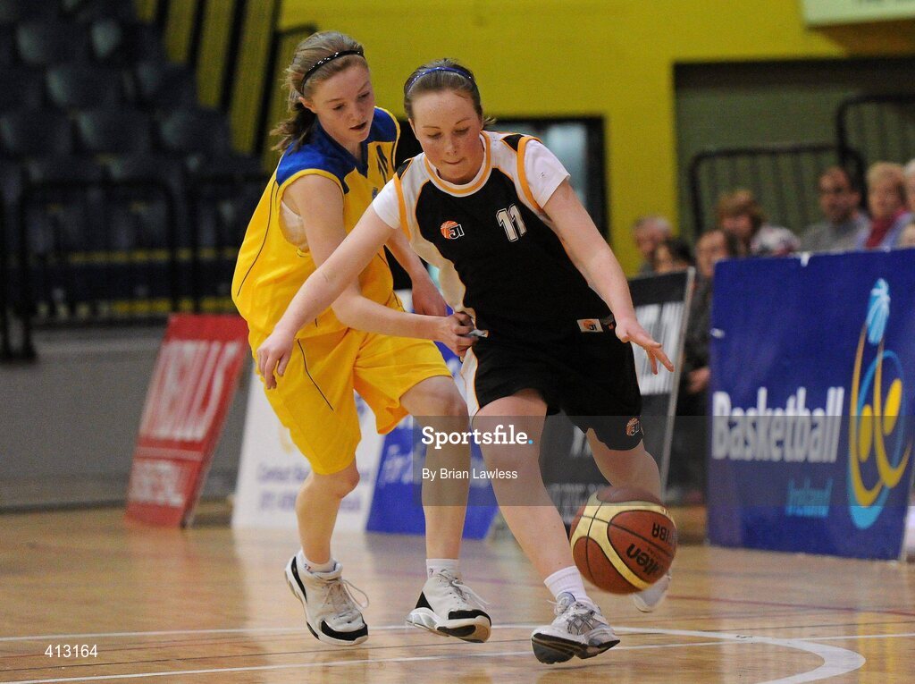 25 March 2010; Caoimhe Gallagher, St. Attractas Community School, in action against Rachel Finn, Christ King Secondary School. U16C Girls - All-Ireland Schools League Finals 2010, Christ King Secondary School, Cork v St. Attractas Community School, Tubbercurry, Co. Sligo, National Basketball Arena, Tallaght, Dublin. Picture credit: Brian Lawless / SPORTSFILE