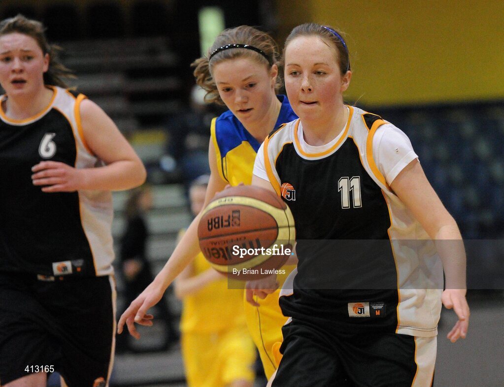 25 March 2010; Caoimhe Gallagher, St. Attractas Community School, in action against Ciara Lynch, Christ King Secondary School. U16C Girls - All-Ireland Schools League Finals 2010, Christ King Secondary School, Cork v St. Attractas Community School, Tubbercurry, Co. Sligo, National Basketball Arena, Tallaght, Dublin. Picture credit: Brian Lawless / SPORTSFILE