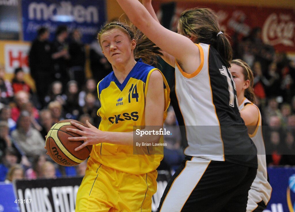 25 March 2010; Rachel Finn, Christ King Secondary School, in action against Katie Walsh, St. Attractas Community School. U16C Girls - All-Ireland Schools League Finals 2010, Christ King Secondary School, Cork v St. Attractas Community School, Tubbercurry, Co. Sligo, National Basketball Arena, Tallaght, Dublin. Picture credit: Brian Lawless / SPORTSFILE
