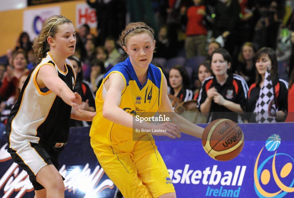 25 March 2010; Rachel Finn, Christ King Secondary School, in action against Orla Coleman, St. Attractas Community School. U16C Girls - All-Ireland Schools League Finals 2010, Christ King Secondary School, Cork v St. Attractas Community School, Tubbercurry, Co. Sligo, National Basketball Arena, Tallaght, Dublin. Picture credit: Brian Lawless / SPORTSFILE