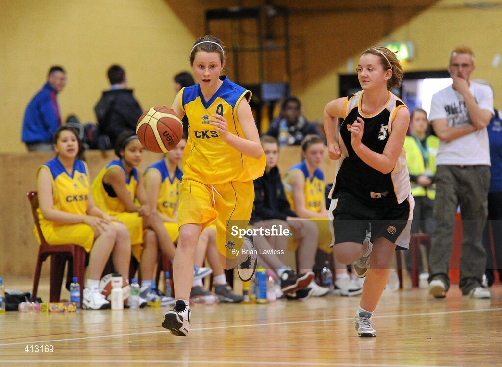 25 March 2010; Sarah Glaney, Christ King Secondary School, in action against Orla Coleman, St. Attractas Community School. U16C Girls - All-Ireland Schools League Finals 2010, Christ King Secondary School, Cork v St. Attractas Community School, Tubbercurry, Co. Sligo, National Basketball Arena, Tallaght, Dublin. Picture credit: Brian Lawless / SPORTSFILE