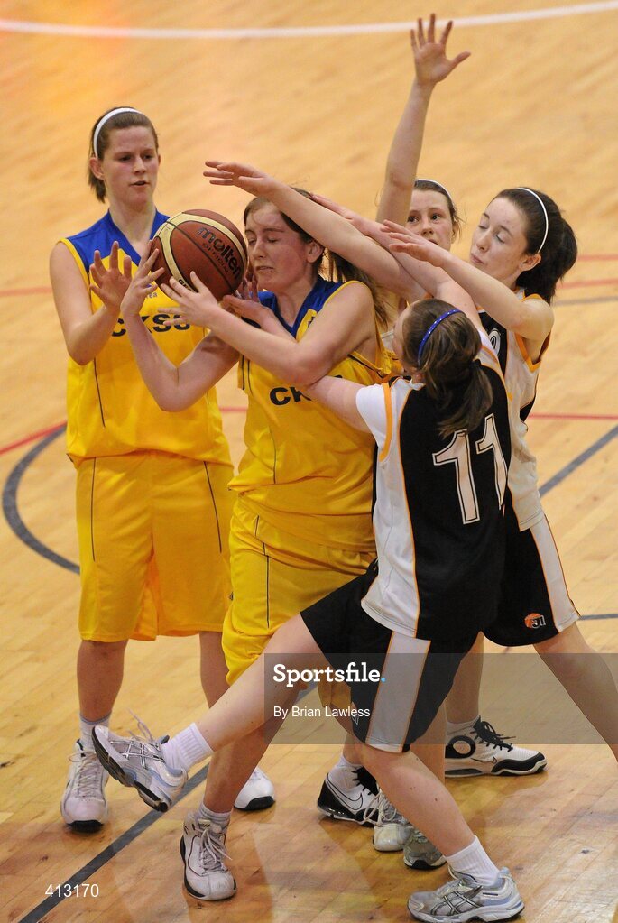25 March 2010; Rachel Murray and Sinead Gee, left, Christ King Secondary School, in action against Caoimhe Gallagher and Kathleen Coleman, right, St. Attractas Community School. U16C Girls - All-Ireland Schools League Finals 2010, Christ King Secondary School, Cork v St. Attractas Community School, Tubbercurry, Co. Sligo, National Basketball Arena, Tallaght, Dublin. Picture credit: Brian Lawless / SPORTSFILE