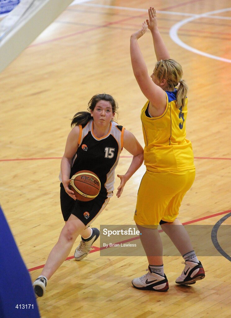 25 March 2010; Katie Walsh, St. Attractas Community School, in action against Laura Wise, Christ King Secondary School. U16C Girls - All-Ireland Schools League Finals 2010, Christ King Secondary School, Cork v St. Attractas Community School, Tubbercurry, Co. Sligo, National Basketball Arena, Tallaght, Dublin. Picture credit: Brian Lawless / SPORTSFILE