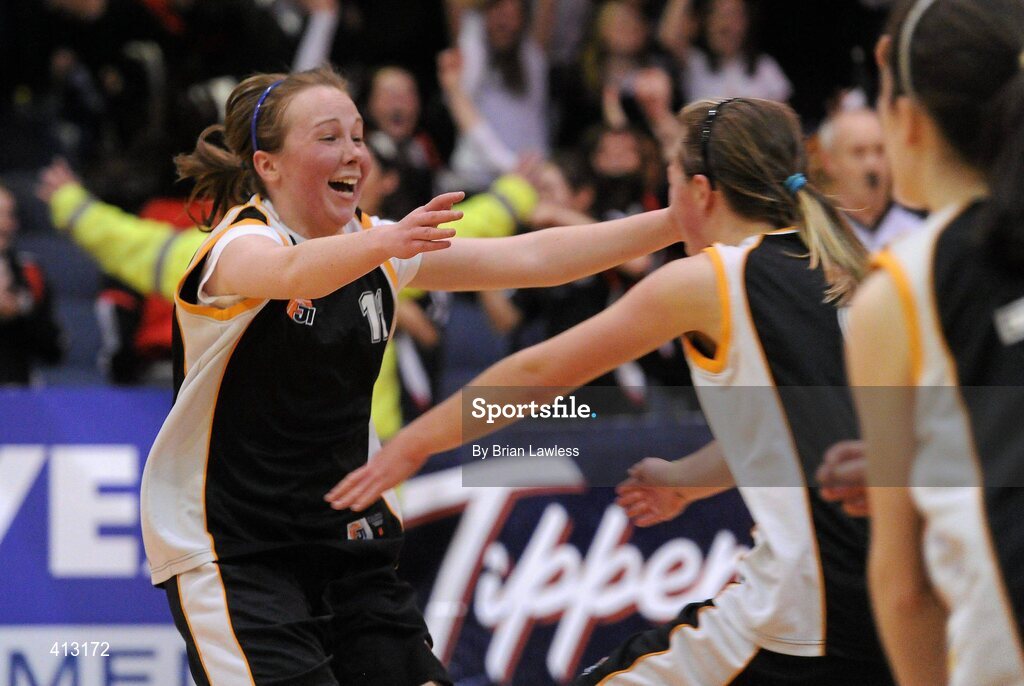 25 March 2010; Caoimhe Gallagher, left, and team-mate Laura Gillespie, St. Attractas Community School, celebrate at the final whistle. U16C Girls - All-Ireland Schools League Finals 2010, Christ King Secondary School, Cork v St. Attractas Community School, Tubbercurry, Co. Sligo, National Basketball Arena, Tallaght, Dublin. Picture credit: Brian Lawless / SPORTSFILE